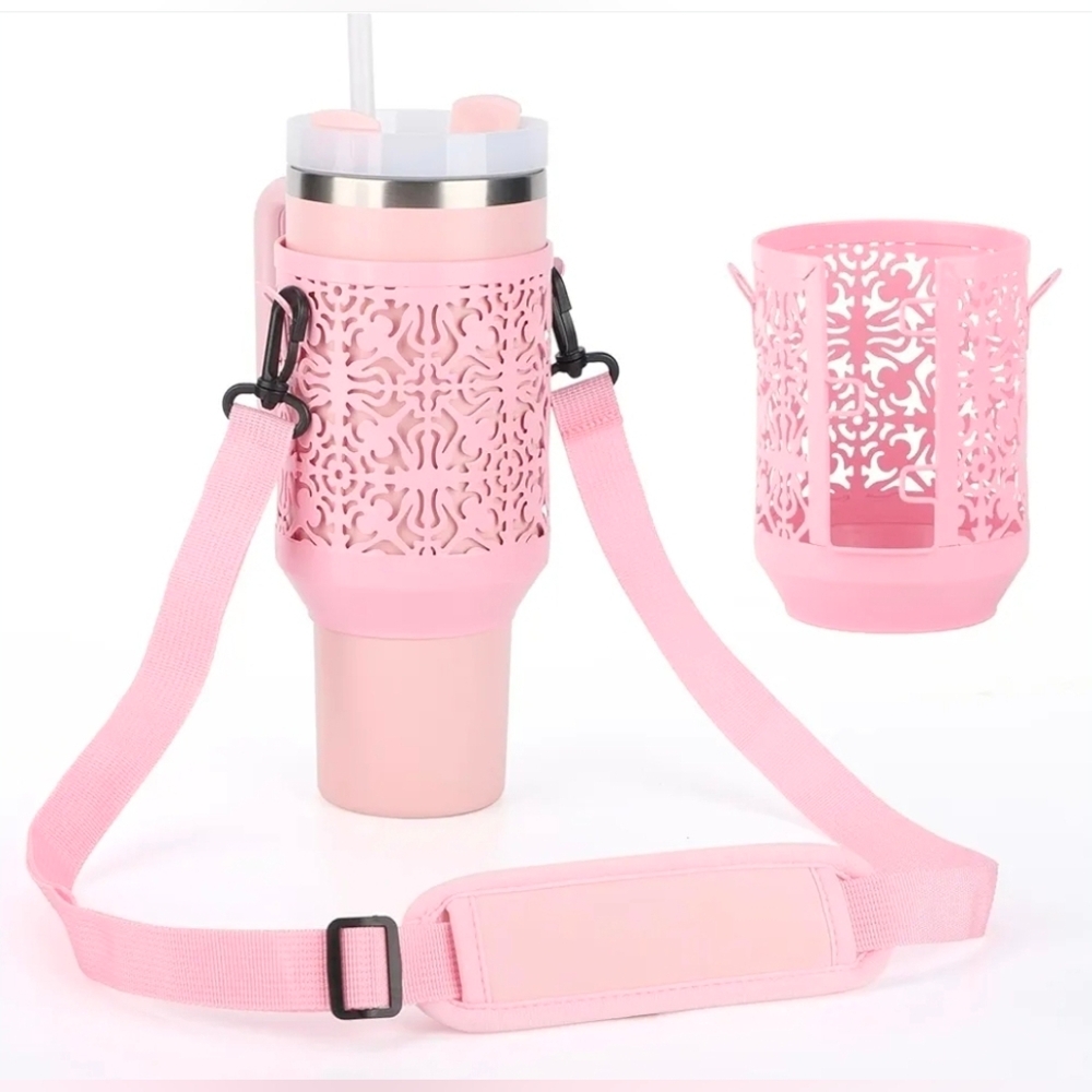Pink Decorative Tumbler Carrier with Strap - New in Box
